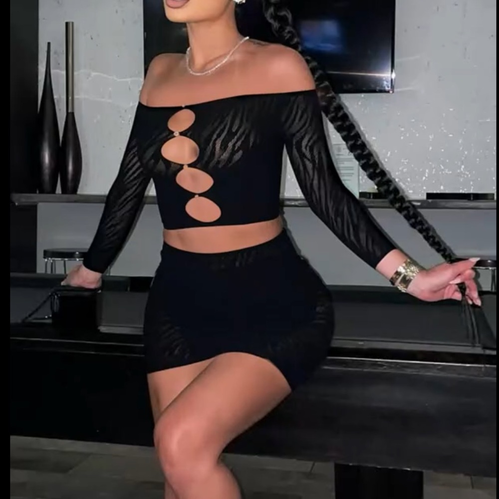 Sexy 2 Piece Club Outfit Mesh Hollow Out Off Shoulder Skirt Long Sleeve
